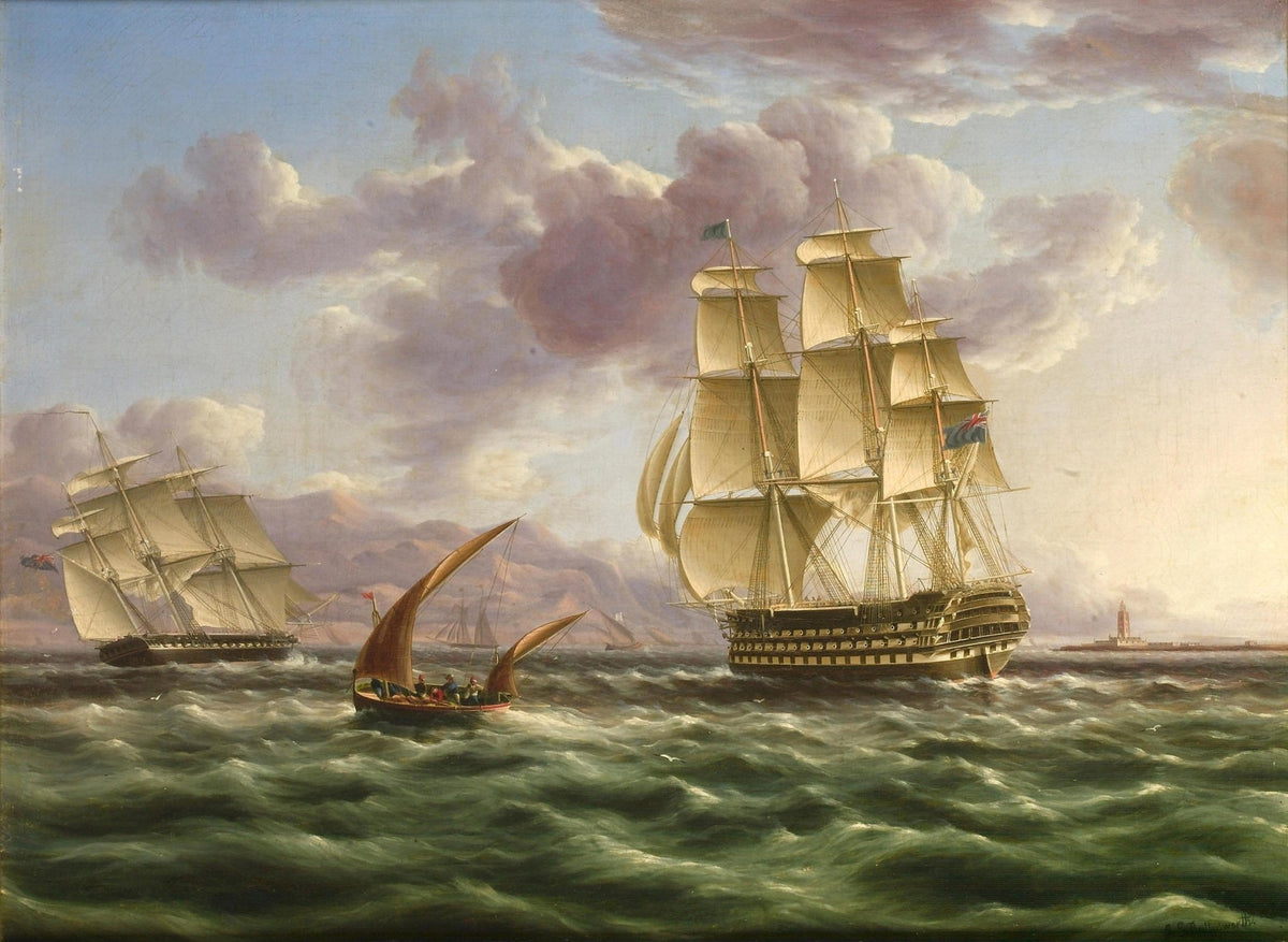 Hand-painted majestic tall ships on sunlit sea nautical oil painting on canvas