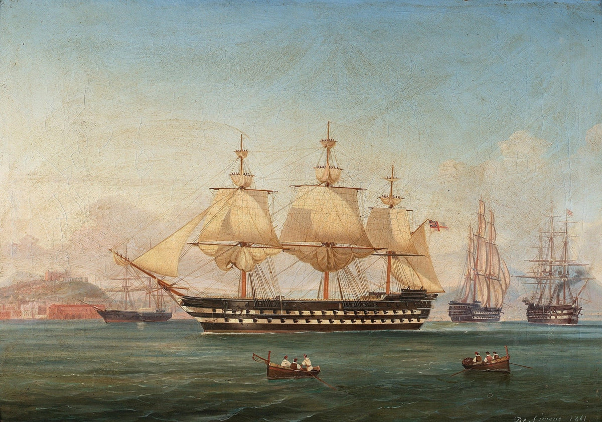 Hand-painted majestic warship and harbor rowboats nautical oil painting on canvas