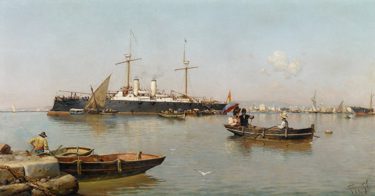 Hand-painted malaga harbor boats on calm water nautical oil painting on canvas