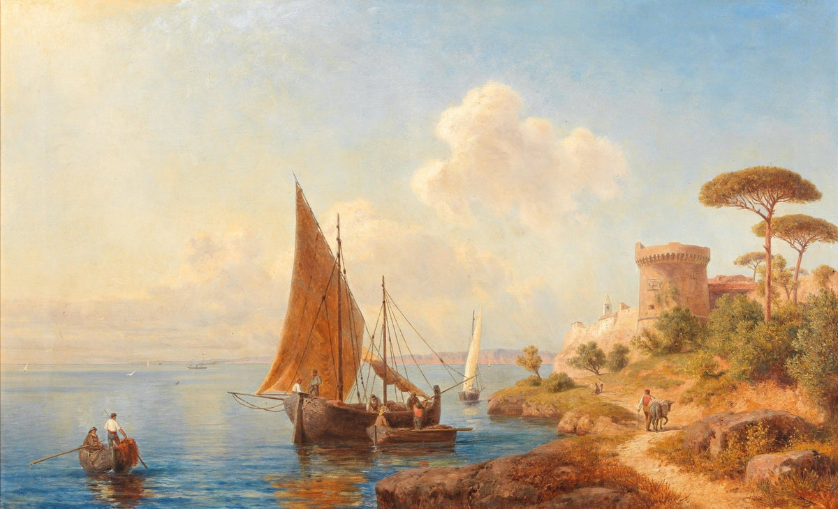 Hand-painted mediterranean coastal harbor, boats nautical oil painting on canvas