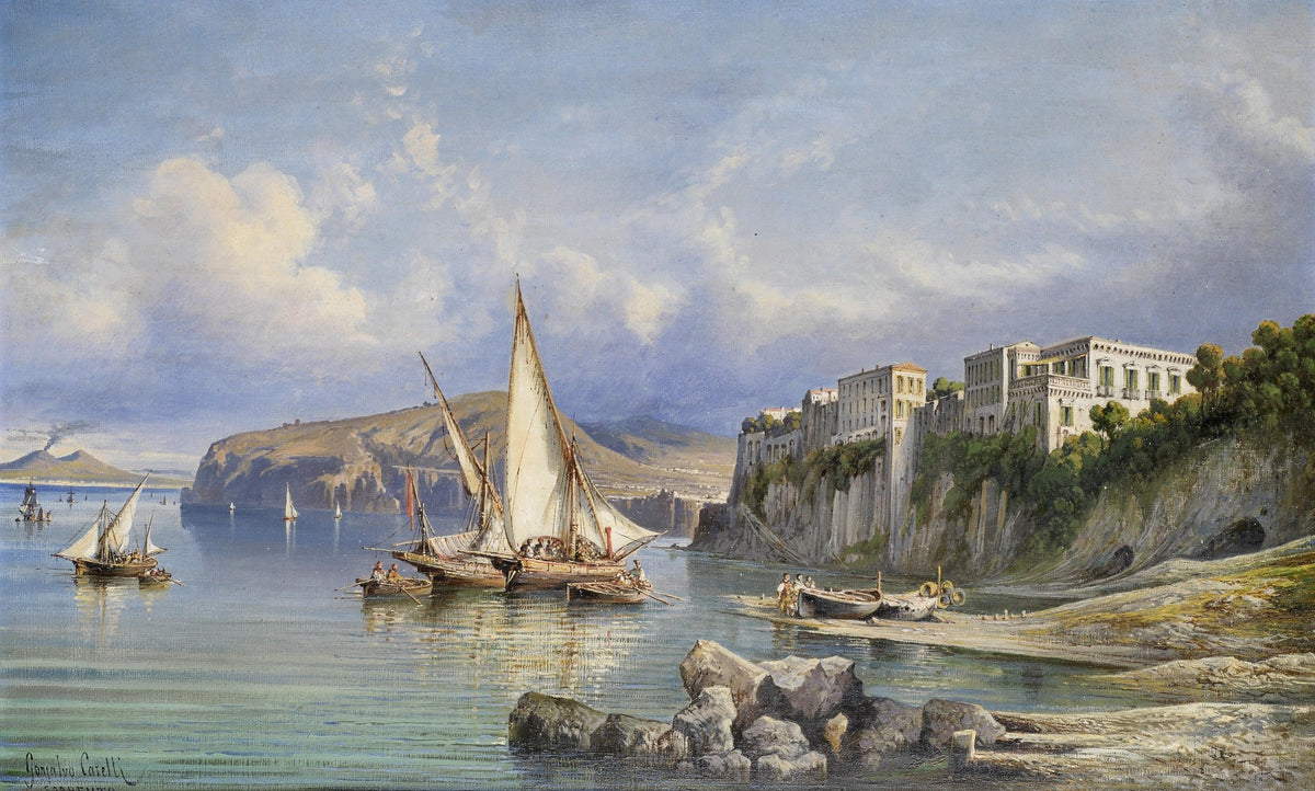Hand-painted mediterranean coastal harbor nautical oil painting on canvas