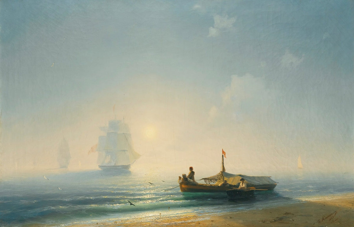 Hand-painted misty harbor at sunrise nautical oil painting on canvas