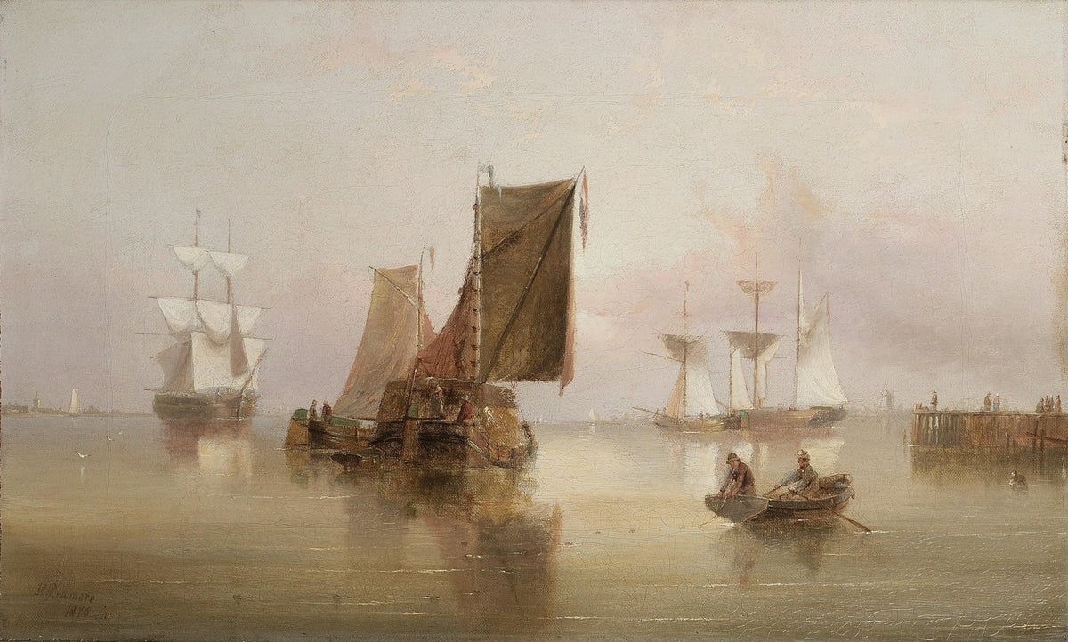 Hand-painted misty harbor boats and sailing ships nautical oil painting on canvas