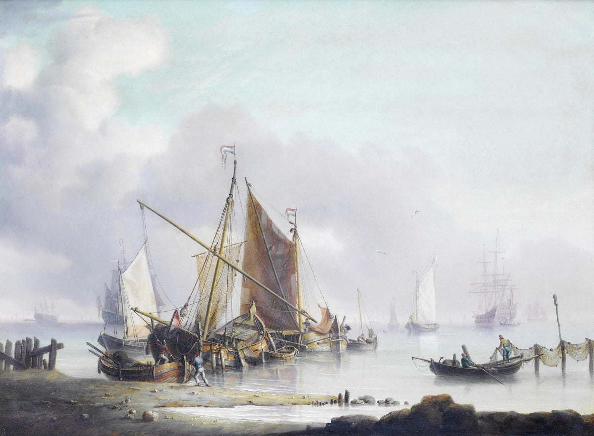 Hand-painted misty harbor with fishing boats at dawn nautical oil painting on canvas