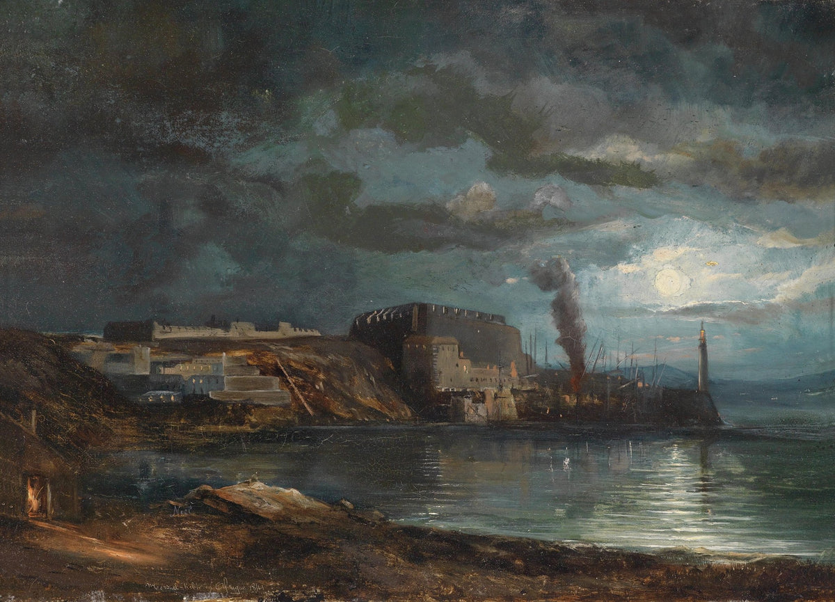 Hand-painted moonlit coastal harbor nautical oil painting on canvas
