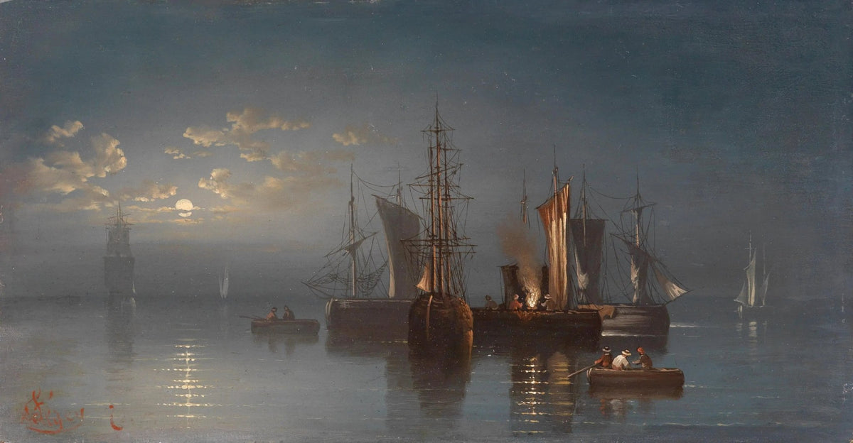 Hand-painted moonlit harbor with ships nautical oil painting on canvas