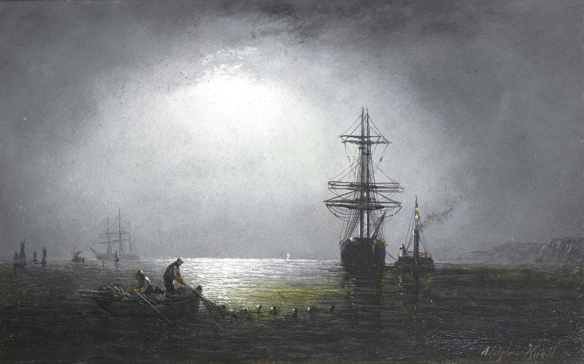 Hand-painted moonlit harbor with tall ship at anchor nautical oil painting on canvas