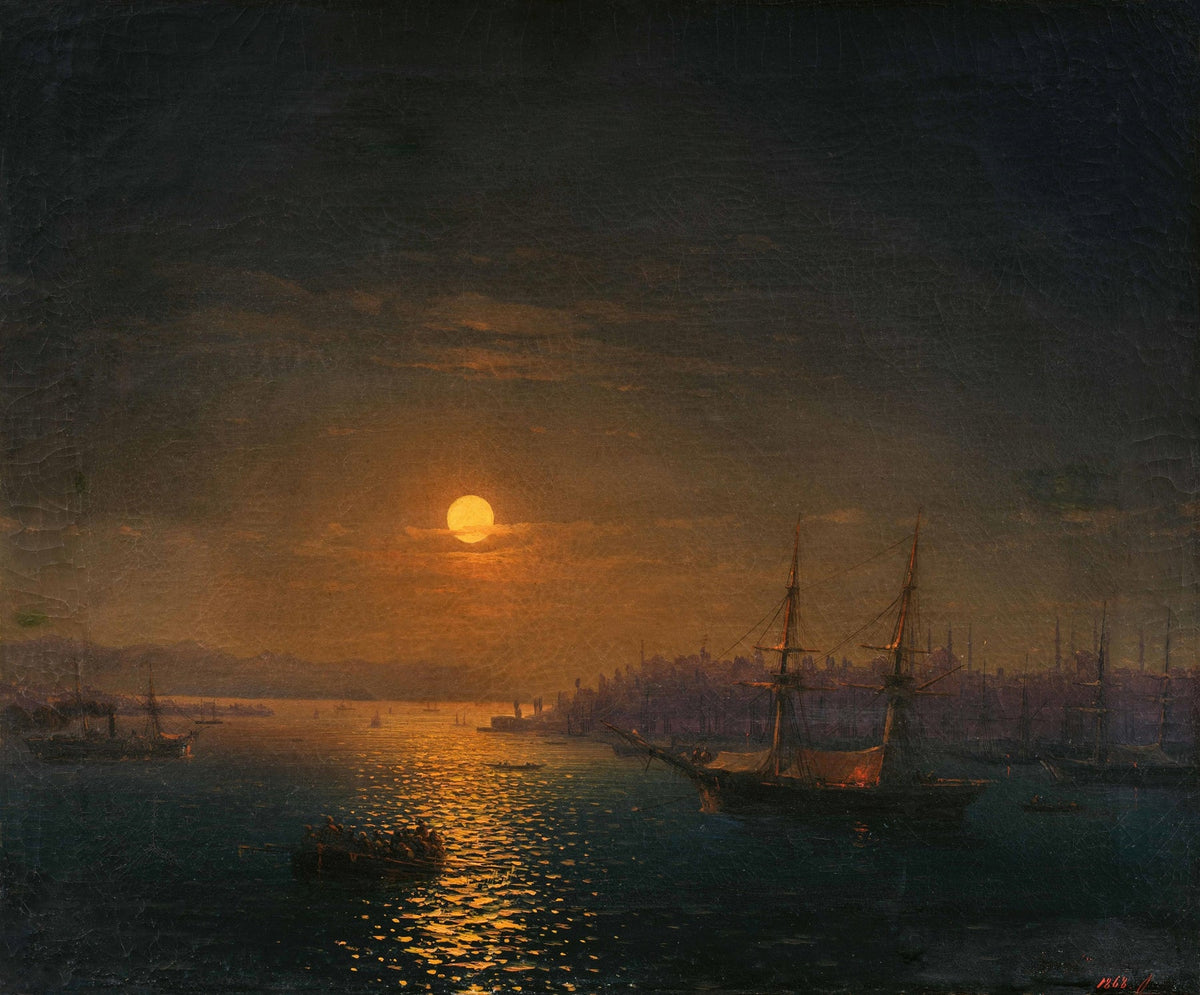 Hand-painted moonlit harbor with tall ships, city nautical oil painting on canvas