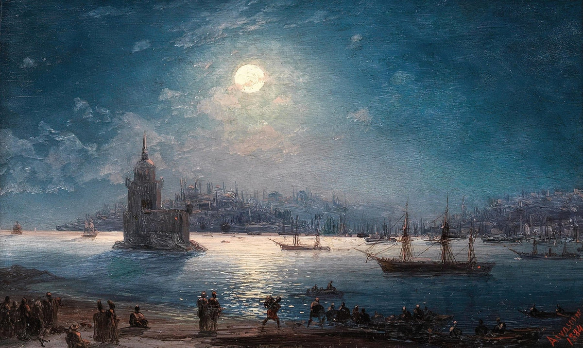 Hand-painted moonlit harbor with tall ships nautical oil painting on canvas