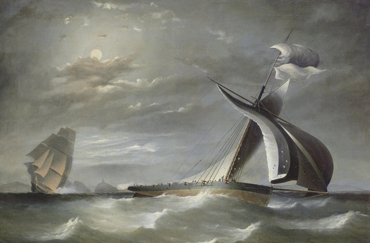 Hand-painted moonlit racing yacht on rough sea nautical oil painting on canvas