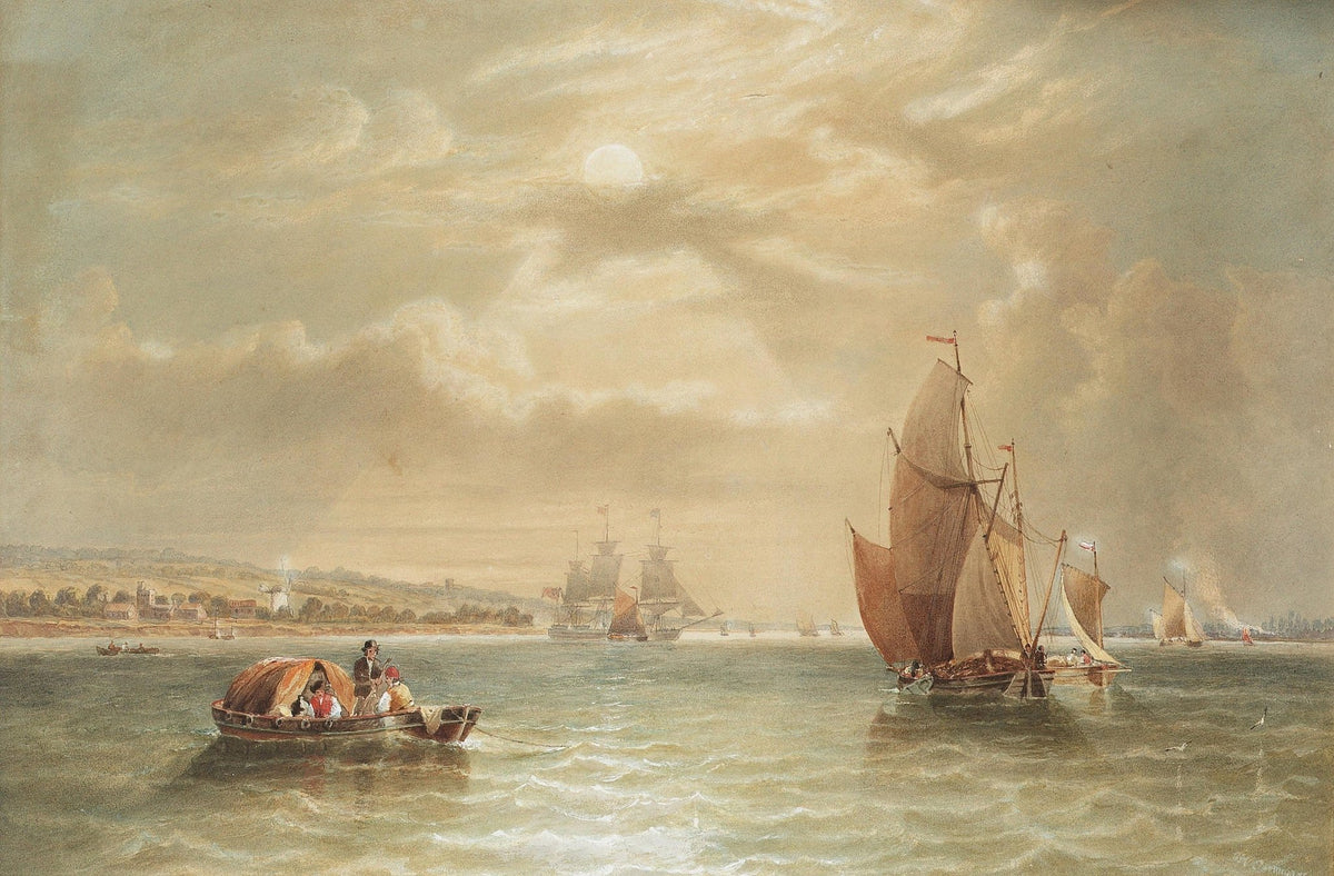 Hand-painted moonlit sailboats and skiff on quiet sea nautical oil painting on canvas