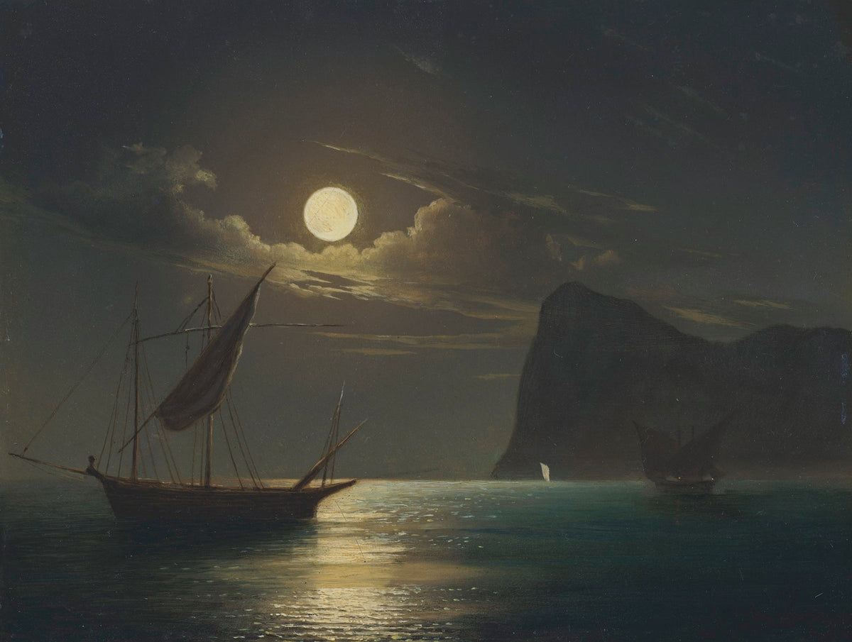 Hand-painted moonlit sailboats at sea nautical oil painting on canvas