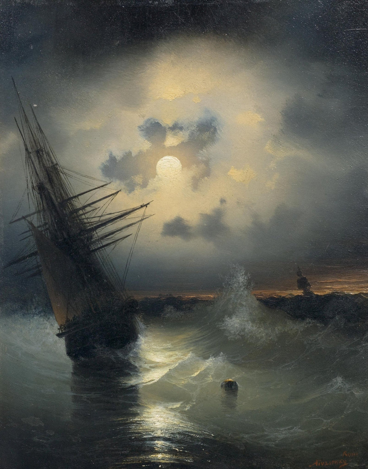 Hand-painted moonlit sailing ship and breaking waves nautical oil painting on canvas