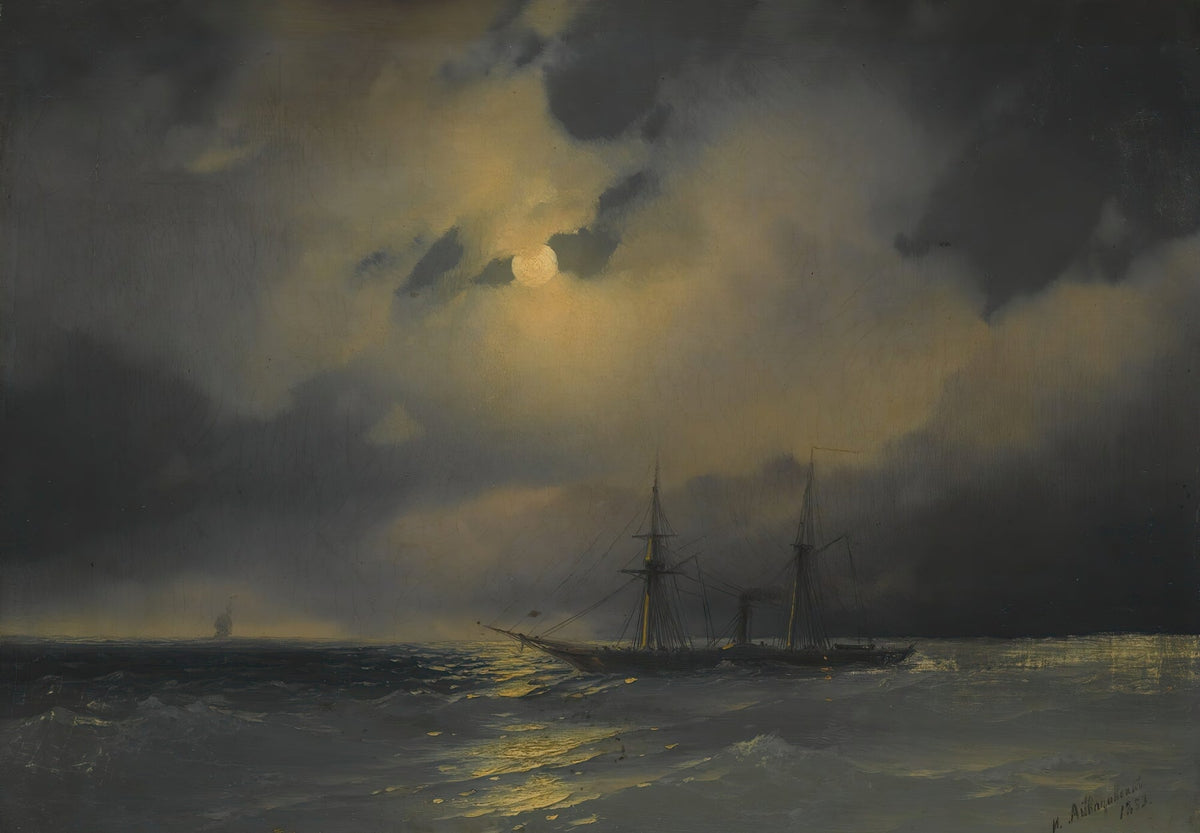 Hand-painted moonlit sailing ship at sea nautical oil painting on canvas