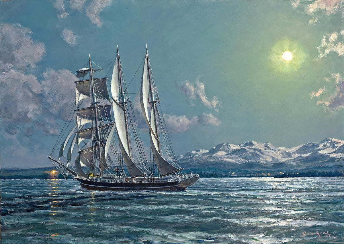 Hand-painted moonlit schooner by snowy mountains nautical oil painting on canvas