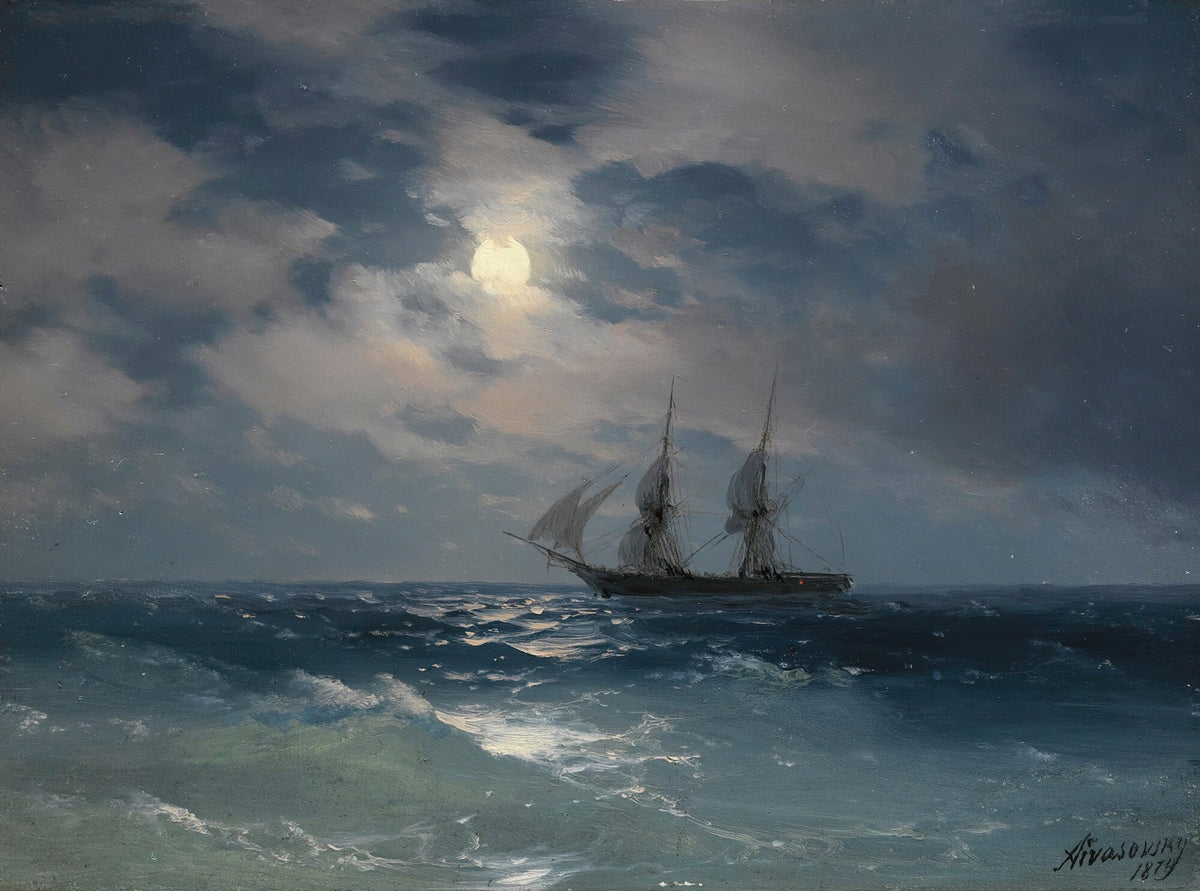 Hand-painted moonlit ship at sea nautical oil painting on canvas