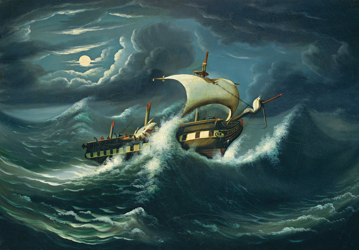 Hand-painted moonlit ship in stormy sea waves nautical oil painting on canvas