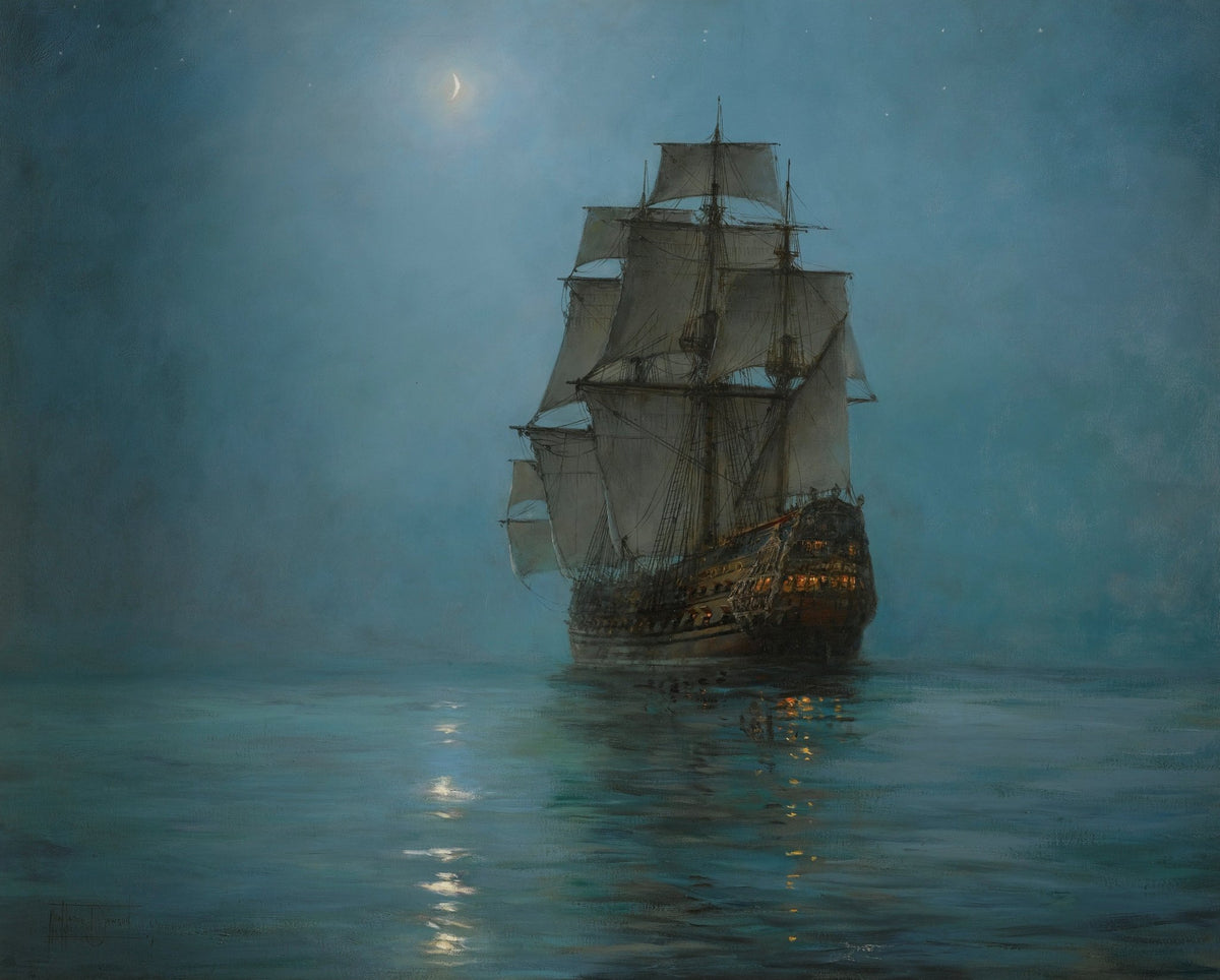 Hand-painted moonlit tall ship on calm sea nautical oil painting on canvas