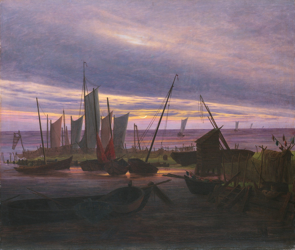 Hand-painted moonrise harbor with fishing boats nautical oil painting on canvas