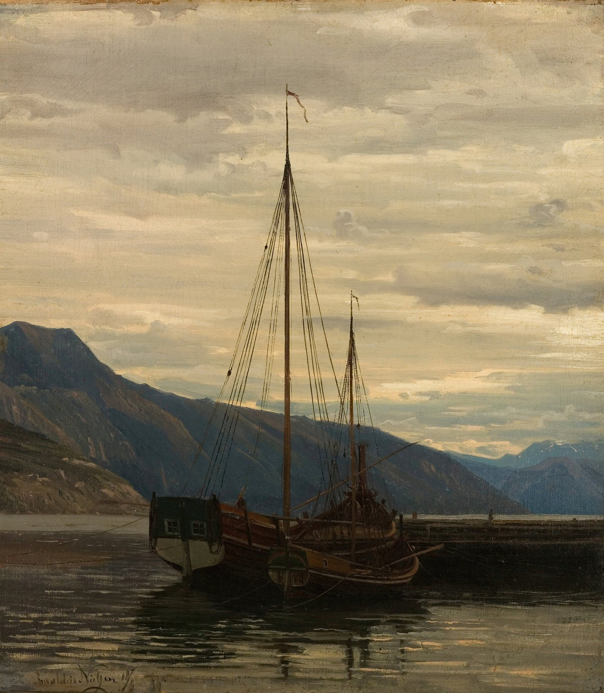 Hand-painted moored sailboat at dusk nautical oil painting on canvas