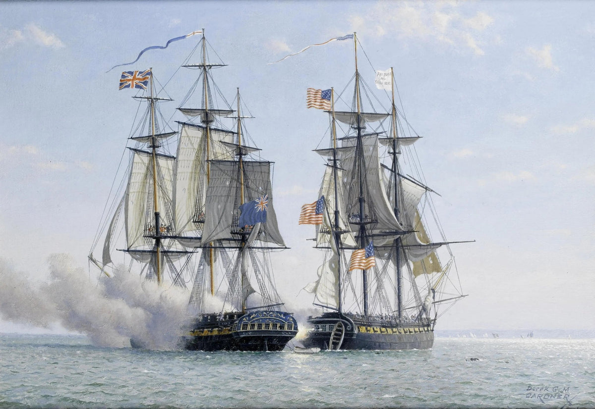 Hand-painted naval battle between two ships nautical oil painting on canvas