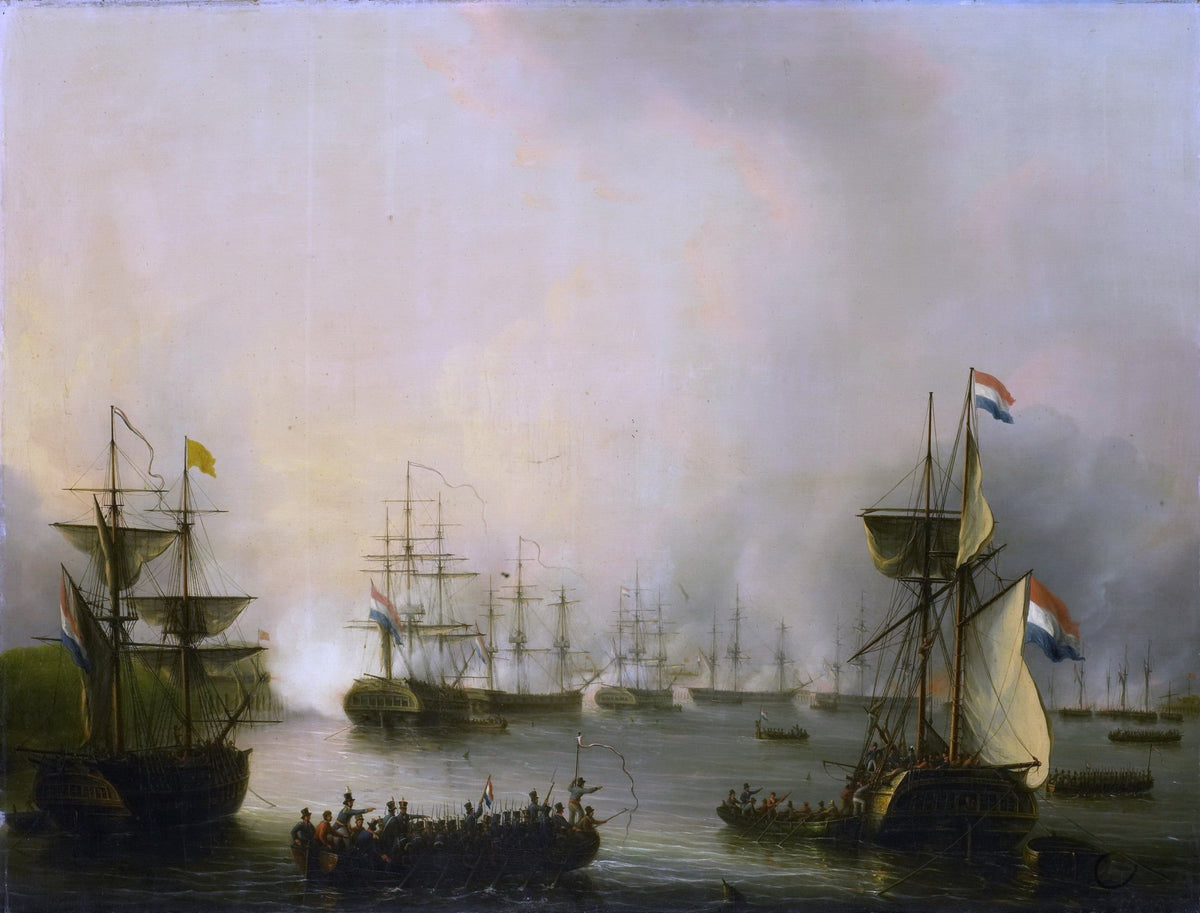 Hand-painted naval bombardment off Palembang harbor nautical oil painting on canvas