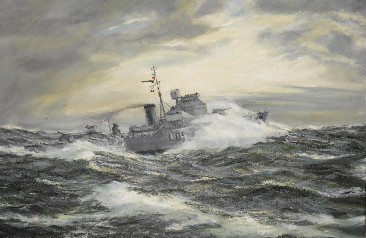 Hand-painted naval destroyer in stormy seas nautical oil painting on canvas