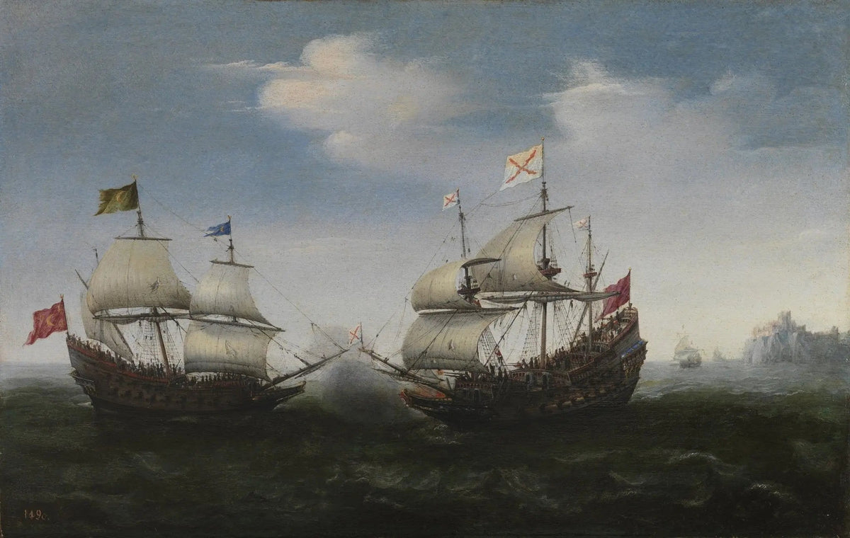 Hand-painted naval engagement between two ships nautical oil painting on canvas