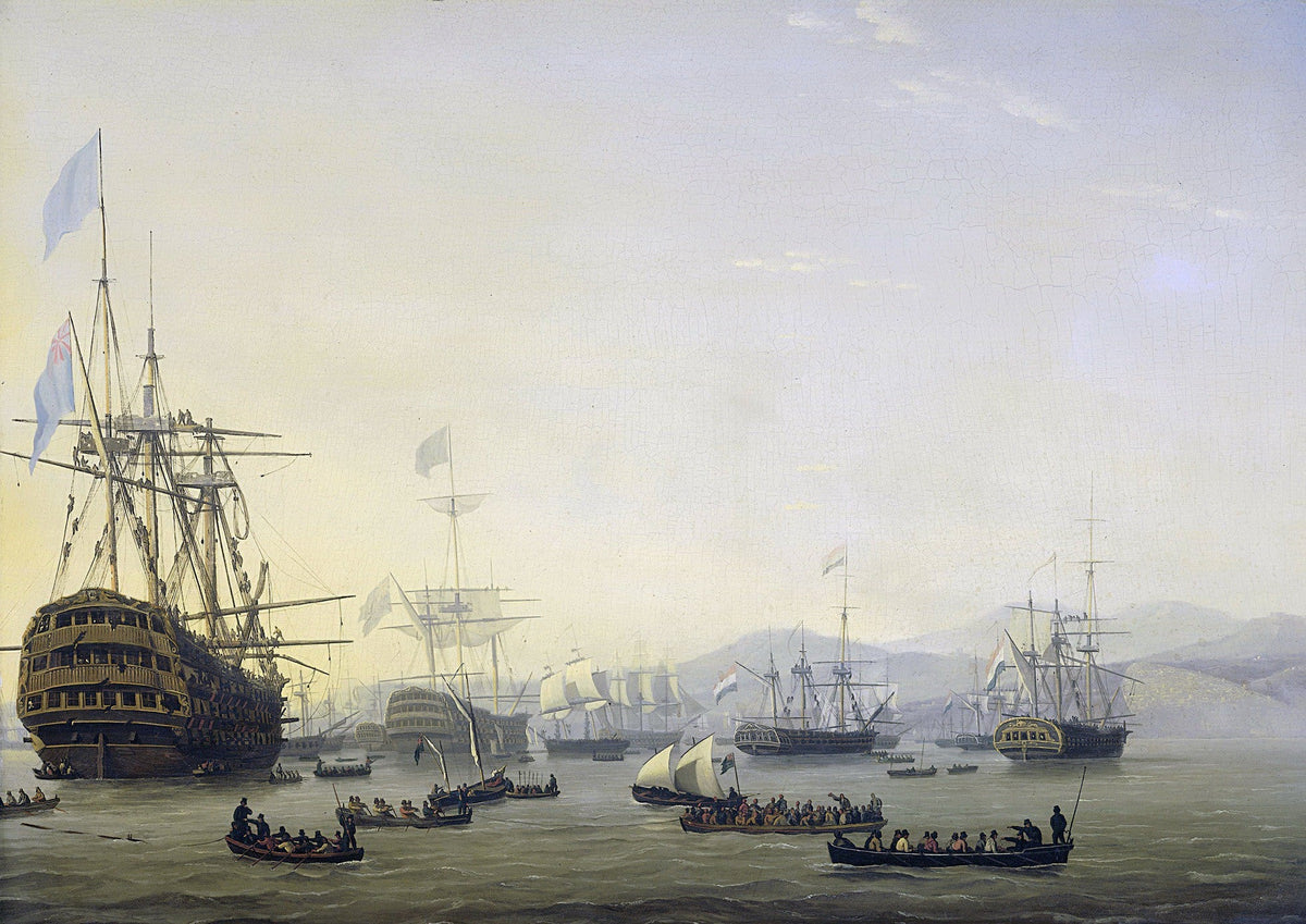 Hand-painted naval fleet before Algiers nautical oil painting on canvas