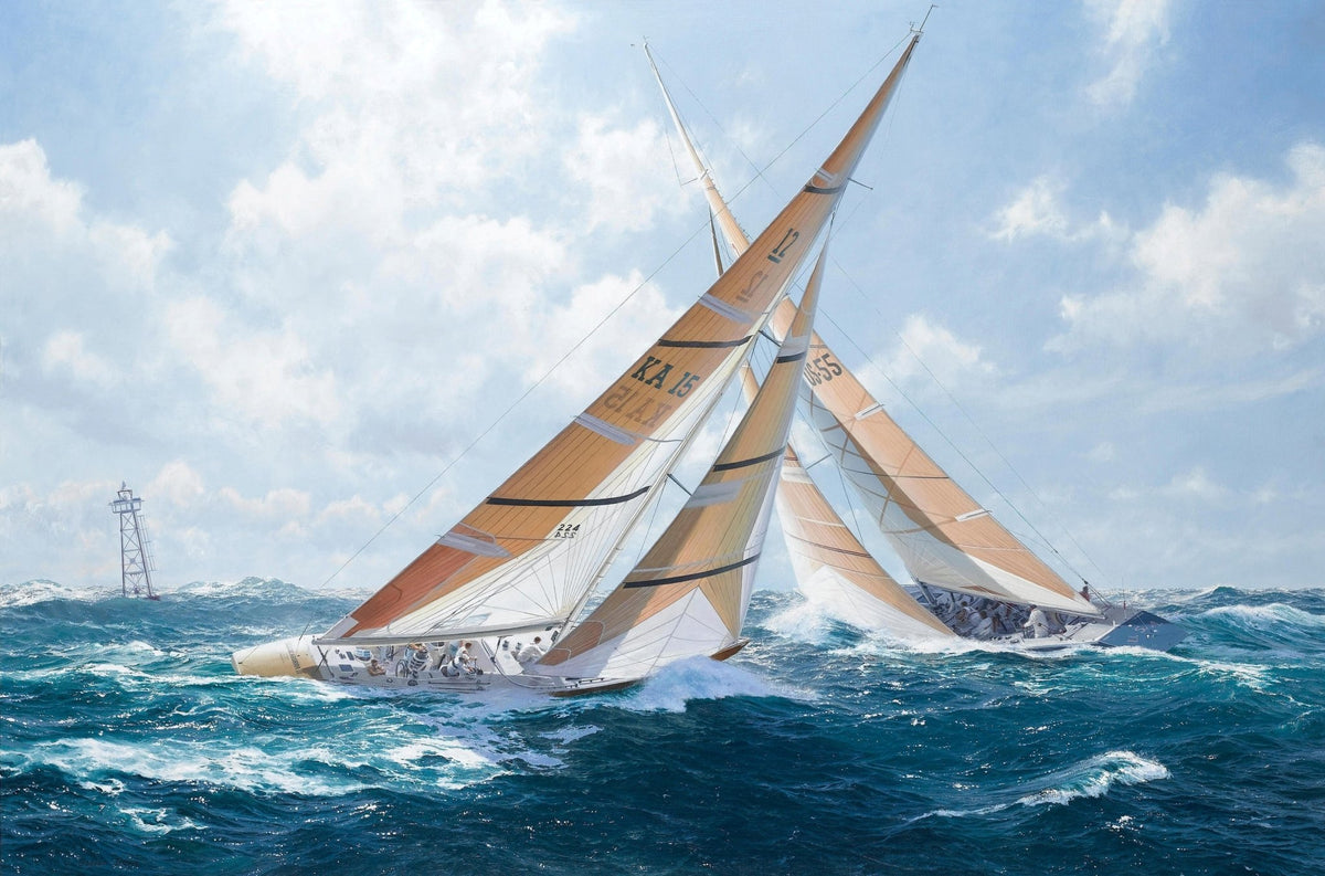 Hand-painted naval ships in battle on rough sea nautical oil painting on canvas