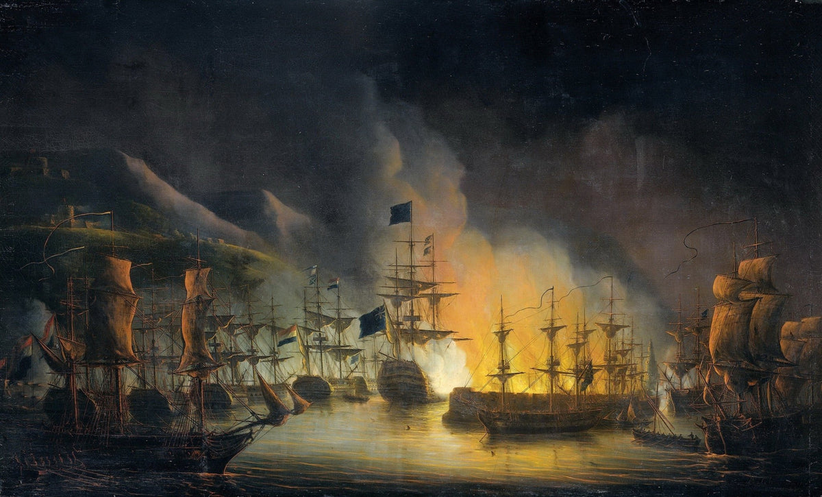 Hand-painted night bombardment of Algiers harbor nautical oil painting on canvas