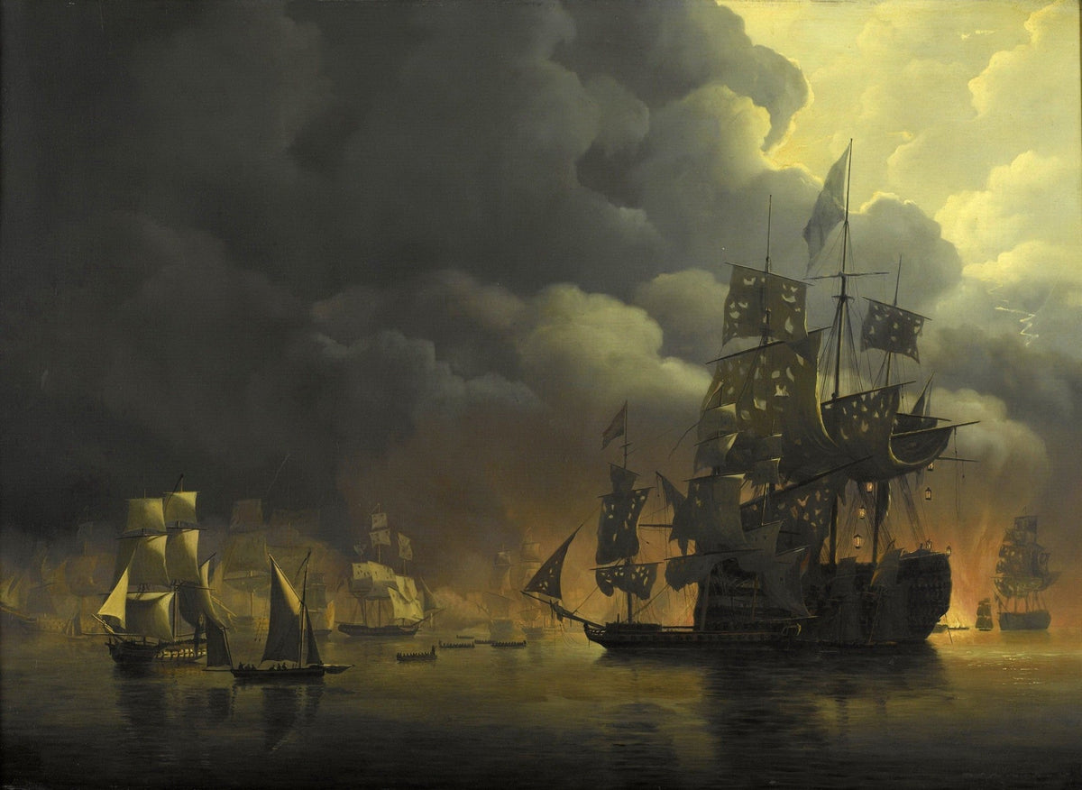 Hand-painted night warships in firelit harbor nautical oil painting on canvas