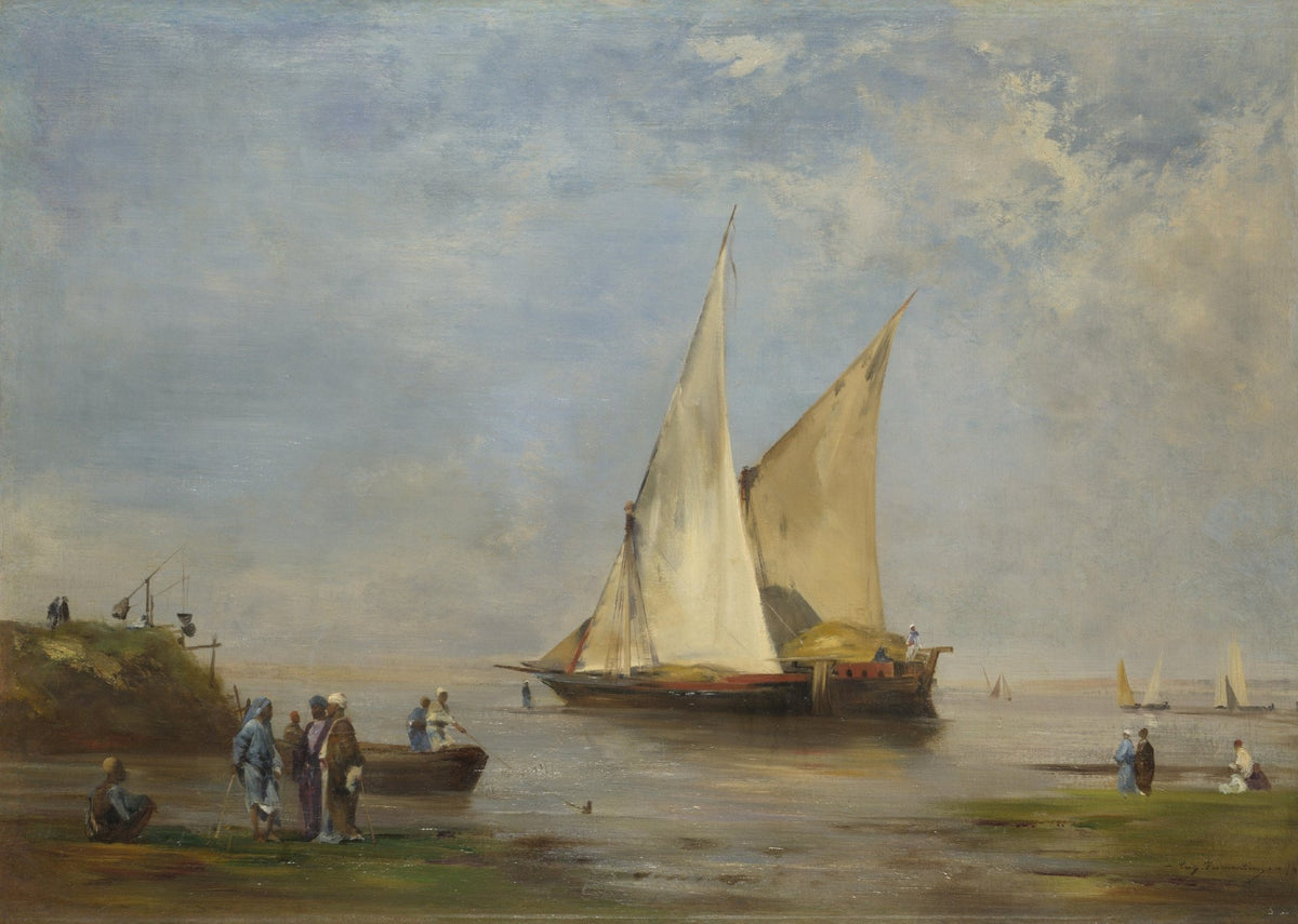 Hand-painted nile sailboat on calm river light nautical oil painting on canvas