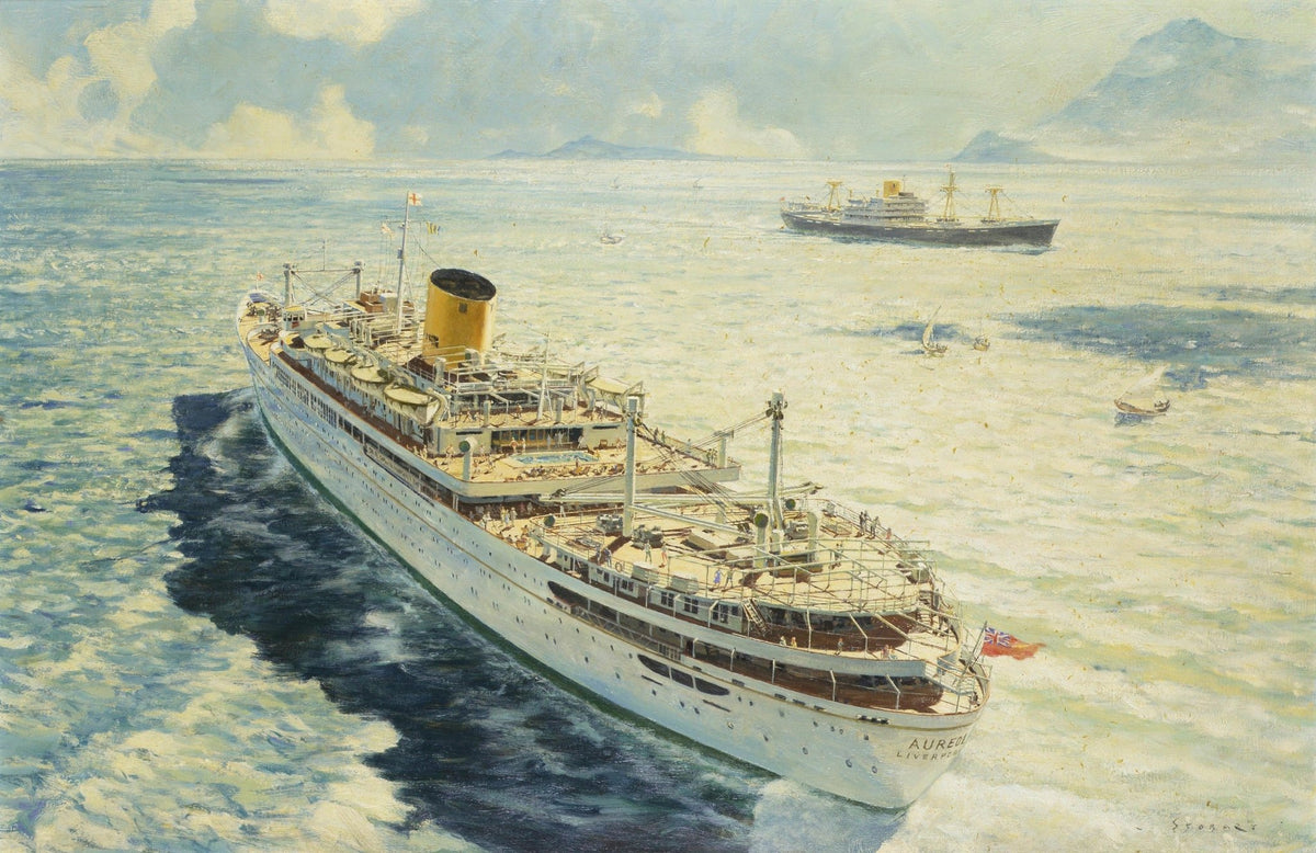 Hand-painted ocean liner on sunlit coastal waters nautical oil painting on canvas