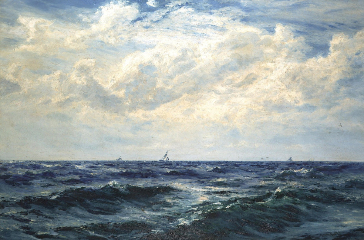 Hand-painted open sea waves and distant sailboats nautical oil painting on canvas