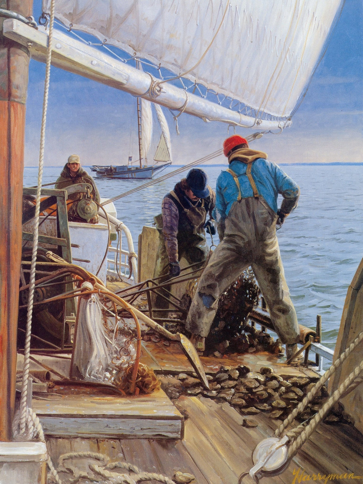 Hand-painted oyster fishermen at work on a sailboat nautical oil painting on canvas