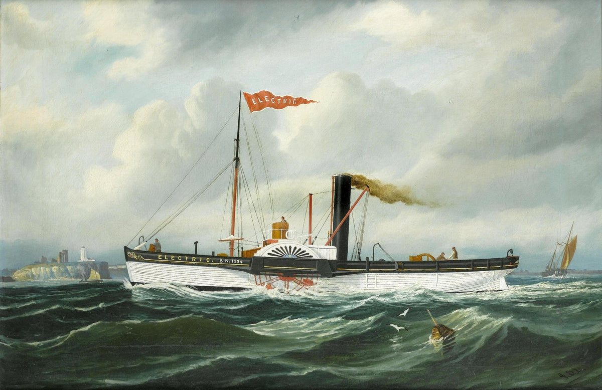 Hand-painted paddle steamer by lighthouse nautical oil painting on canvas