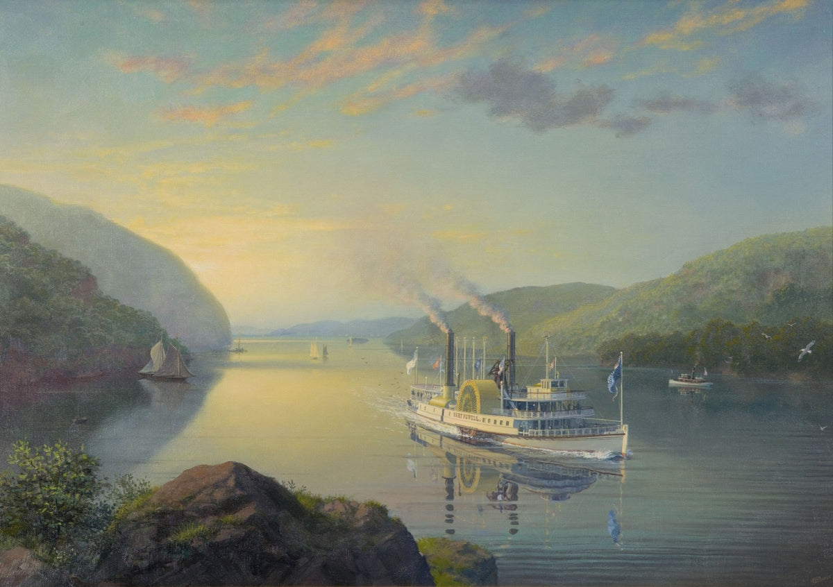 Hand-painted paddle steamer on quiet river at dusk nautical oil painting on canvas