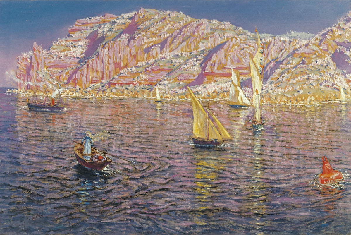 Hand-painted palma bay sailboats and coastal cliffs nautical oil painting on canvas
