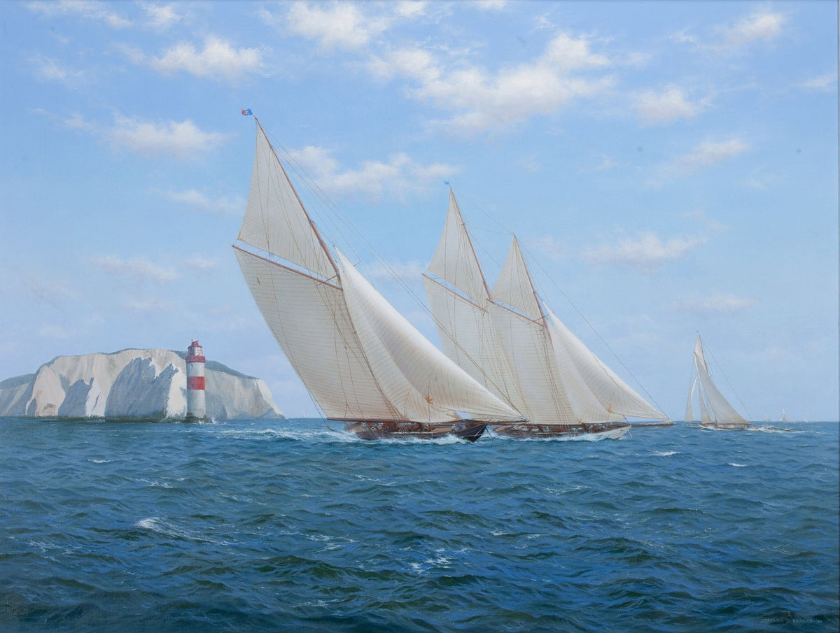 Hand-painted racing sailboats by a coastal lighthouse nautical oil painting on canvas