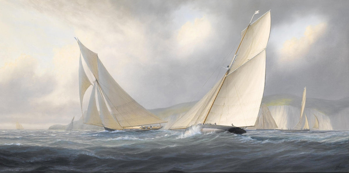 Hand-painted racing sailboats on coastal seas nautical oil painting on canvas