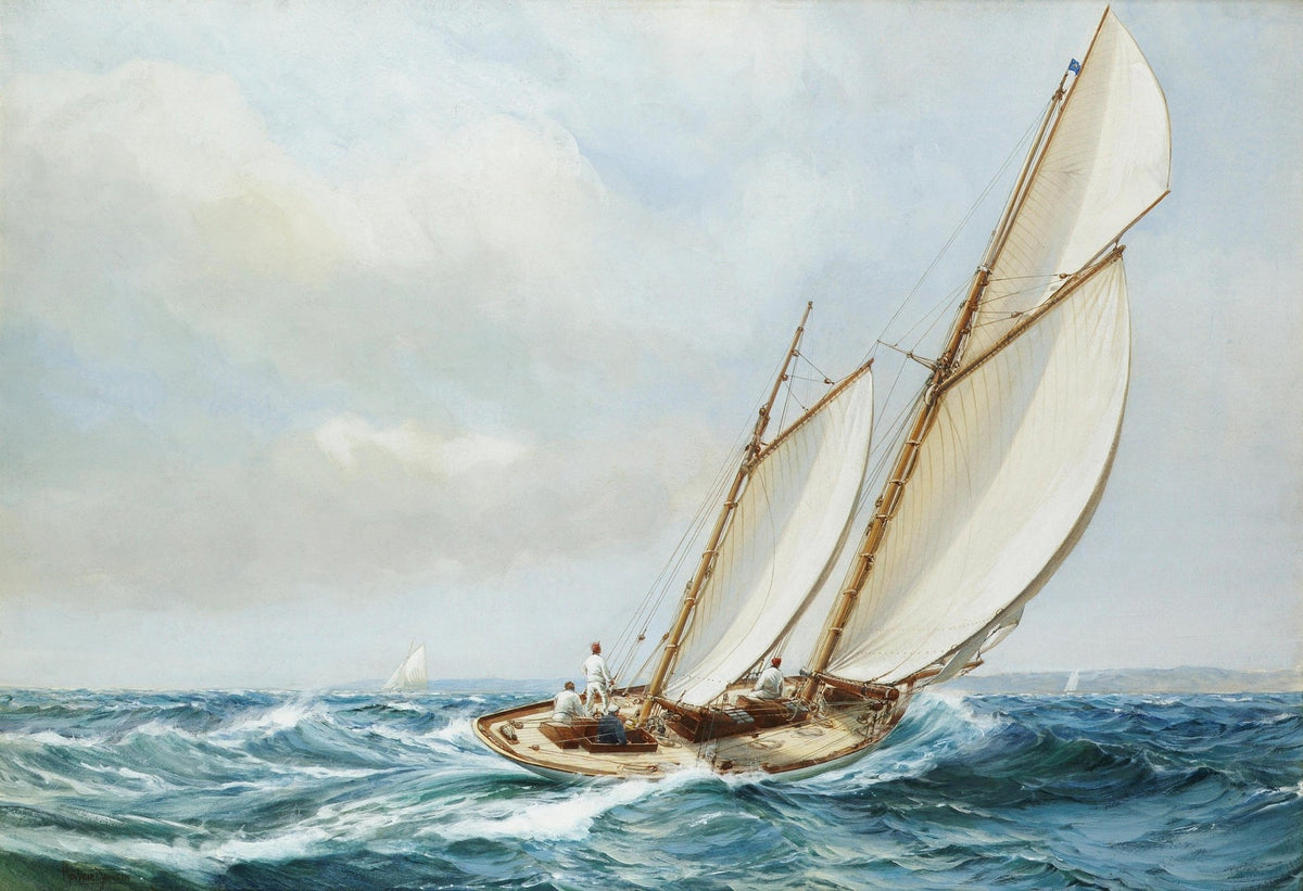 Hand-painted racing sloop with white sails at sea nautical oil painting on canvas