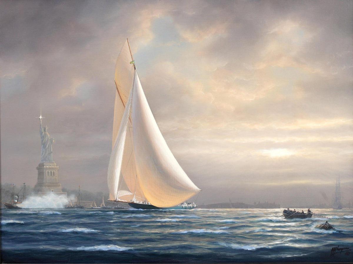 Hand-painted racing yacht by the statue of liberty nautical oil painting on canvas