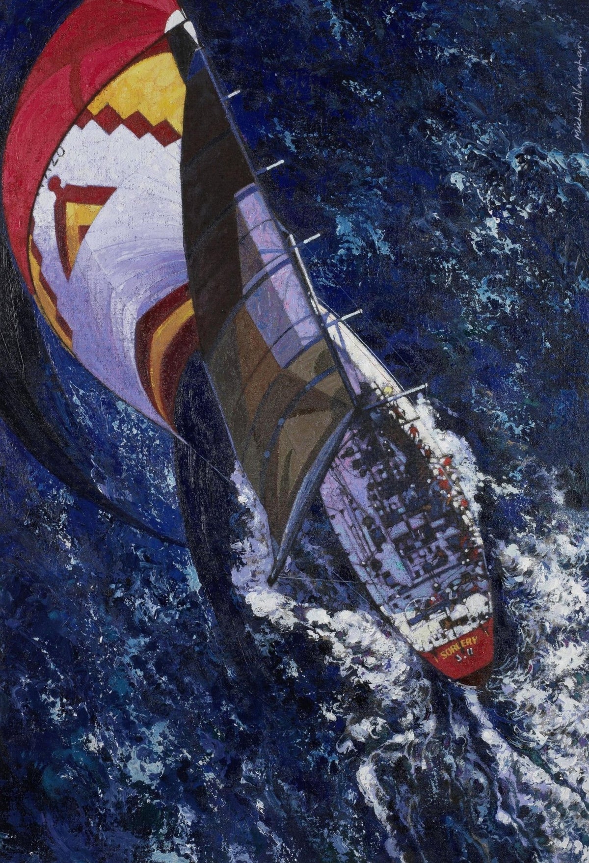 Hand-painted racing yacht with colorful spinnaker nautical oil painting on canvas