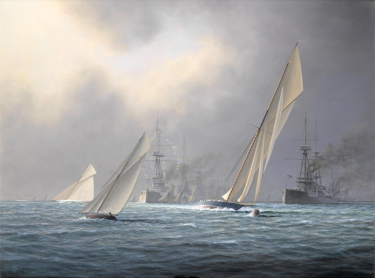 Hand-painted racing yachts on choppy seas nautical oil painting on canvas