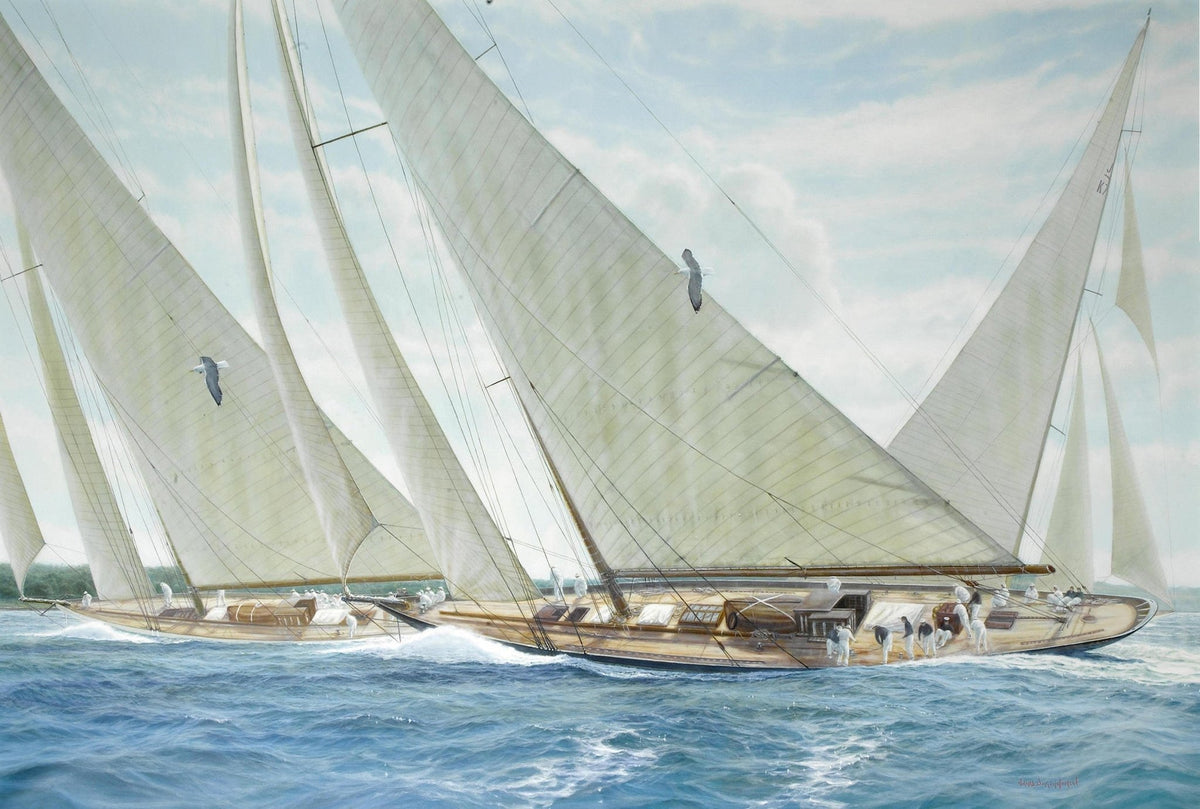 Hand-painted racing yachts with white sails at sea nautical oil painting on canvas