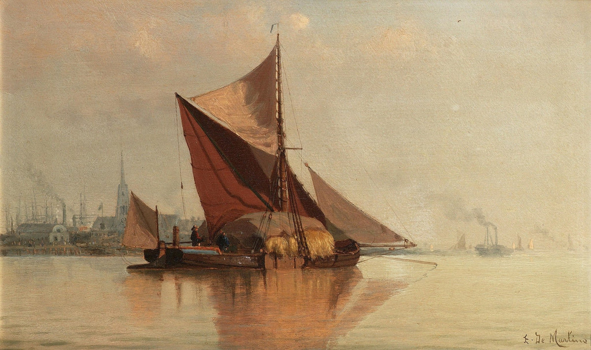 Hand-painted red sailboat on calm harbor at dawn nautical oil painting on canvas