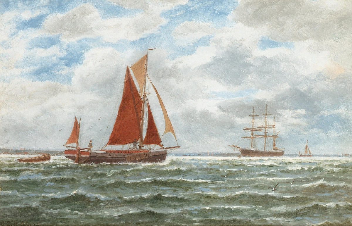 Hand-painted red sailboat on open sea with tall ship nautical oil painting on canvas
