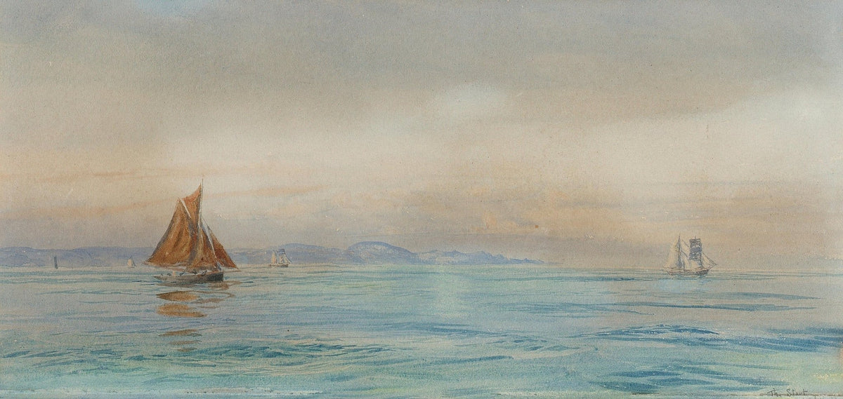 Hand-painted red sailboat on quiet blue coastal water nautical oil painting on canvas