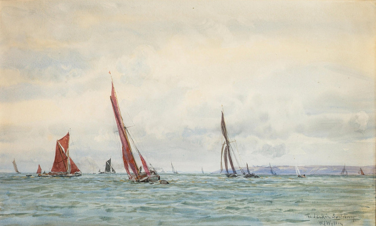 Hand-painted red sailboats on open coastal water nautical oil painting on canvas